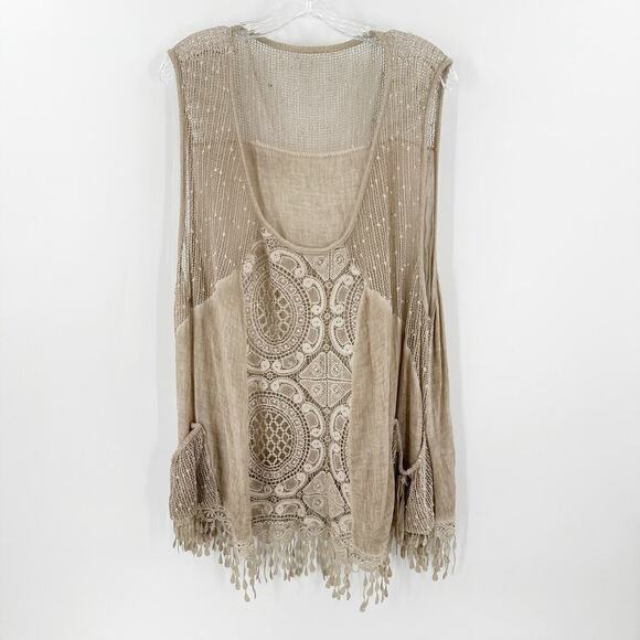 Lagenlook Tan Scoop Neck Embroidered Crochet Tassel Cover-Up Tank Top One Size - Picture 1 of 10